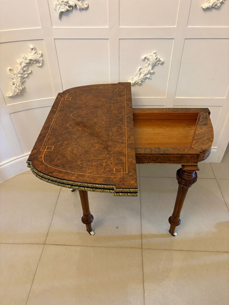 Antique Victorian Burr Walnut Card Console Table with Ormolu Mounts and Inlay - Image 10